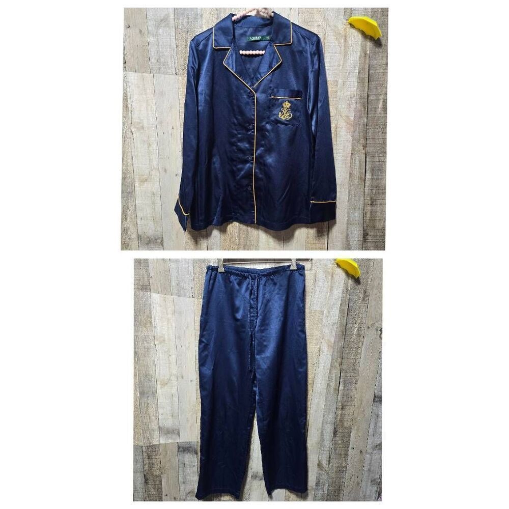 Lauren Ralph Lauren LRL Navy Satin Pajama Set Small Preppy Designer Old Money
